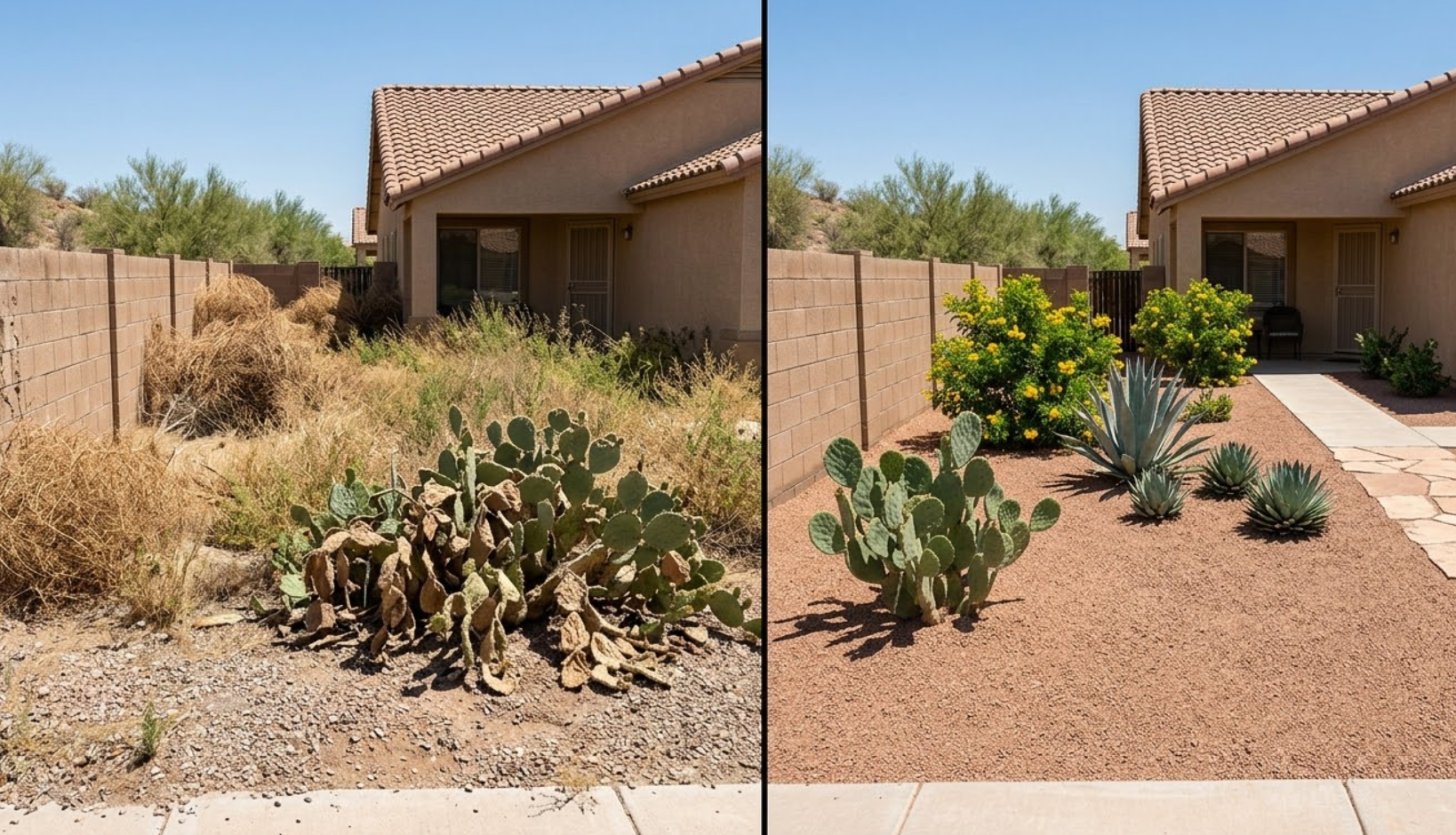 Before and after comparison of Arizona yard cleanup — overgrown weeds transformed to clean, maintained desert landscape